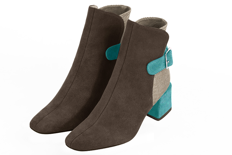 Chocolate brown, natural beige and aquamarine blue women's ankle boots with buckles at the back. Square toe. Medium block heels. Front view - Florence KOOIJMAN